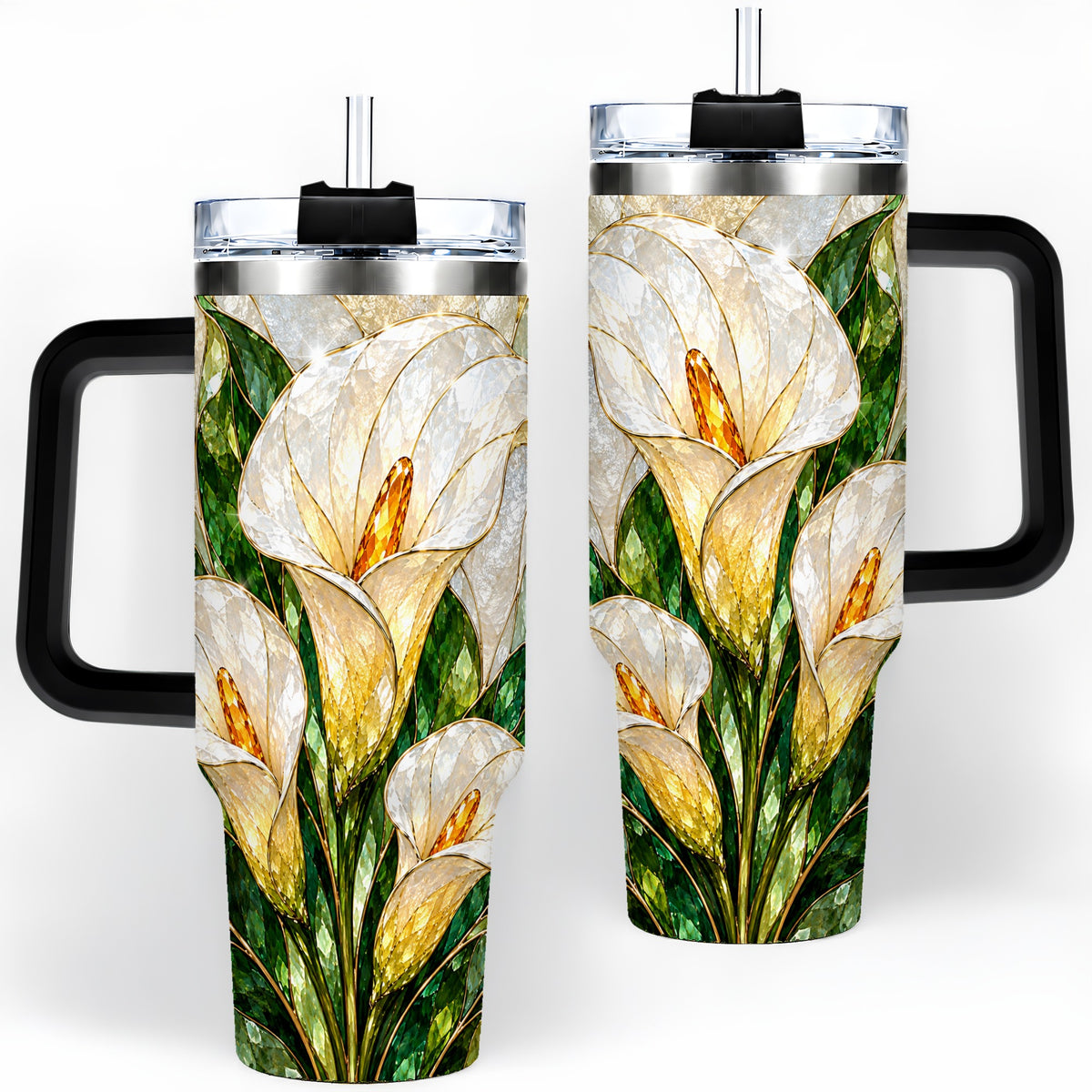 #pl[40oz|Black] Calla Lily Floral 40oz Tumbler, Stained Glass Style Botanical Artwork