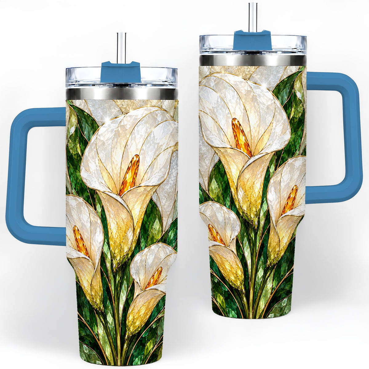 #pl[40oz|Blue] Calla Lily Floral 40oz Tumbler, Stained Glass Style Botanical Artwork