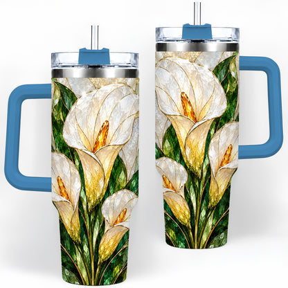 #pl[40oz|Blue] Calla Lily Floral 40oz Tumbler, Stained Glass Style Botanical Artwork