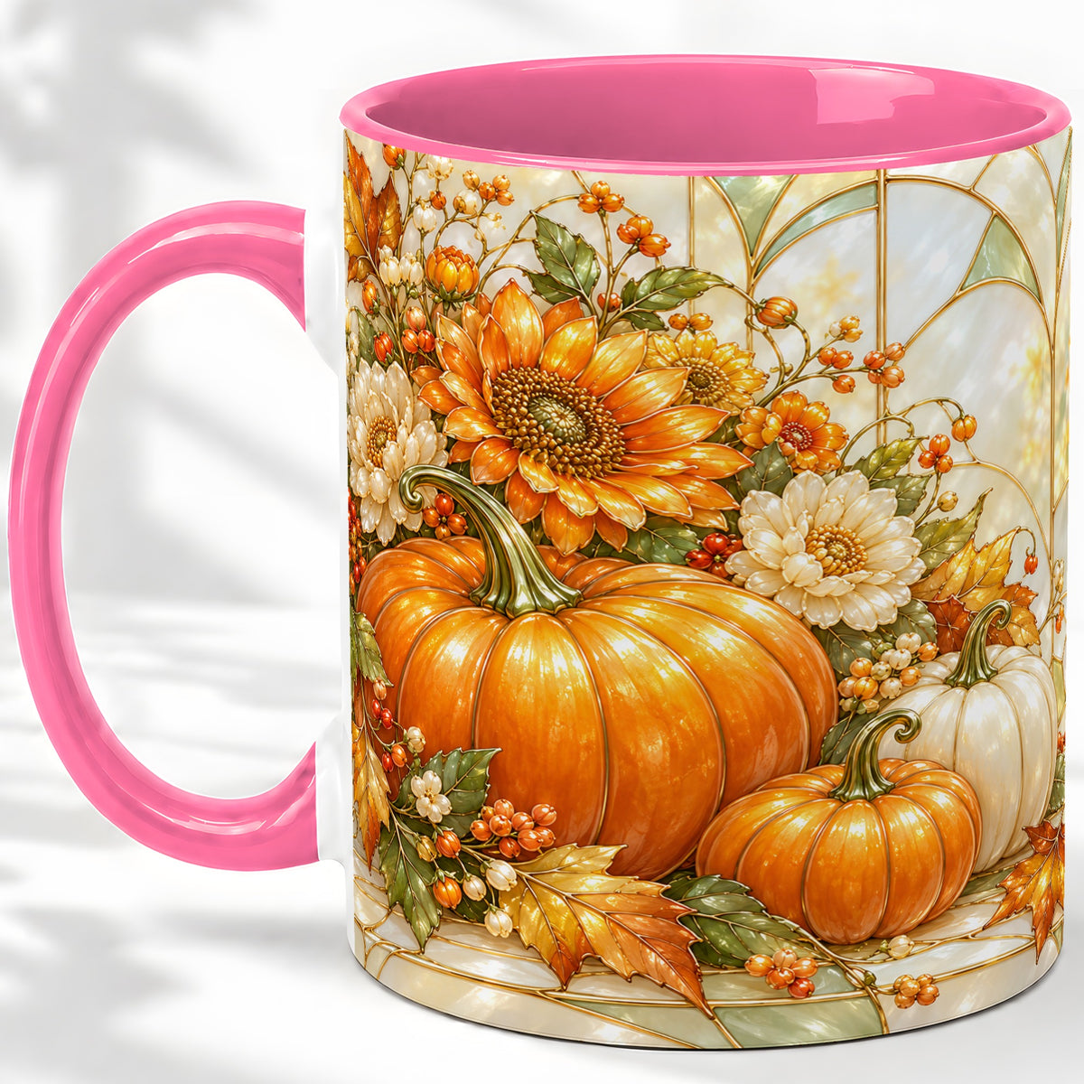 #pl[11oz|Pink] Autumn Pumpkin Ceramic Mug, Sunflower and Fall Leaf Artwork