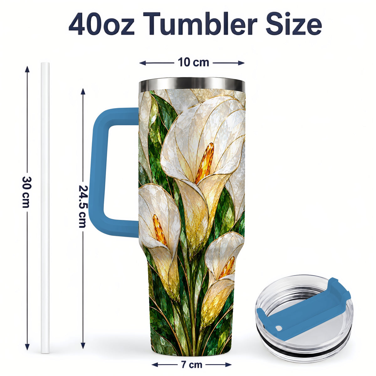 #pl[40oz|Blue] Calla Lily Floral 40oz Tumbler, Stained Glass Style Botanical Artwork