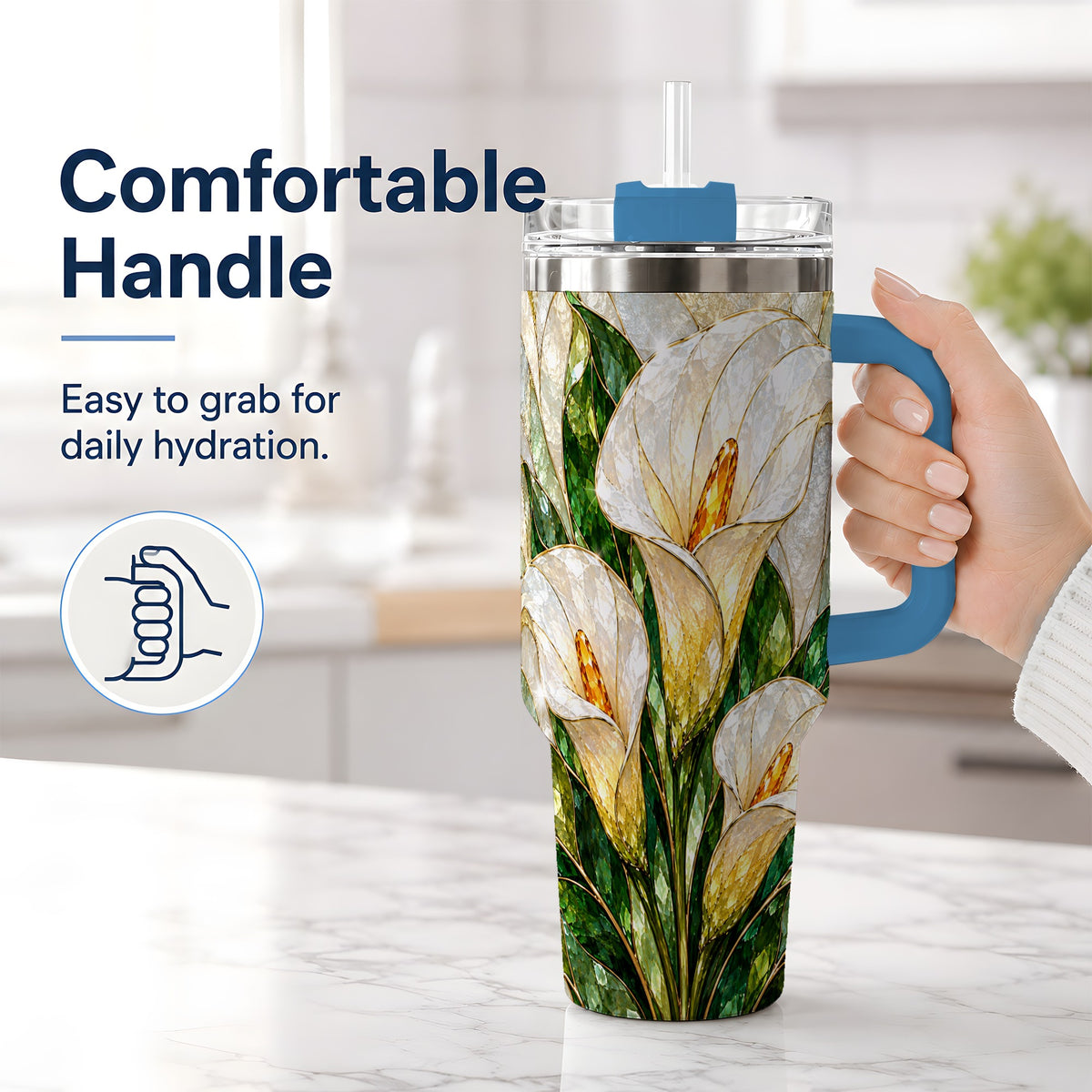 #pl[40oz|Blue] Calla Lily Floral 40oz Tumbler, Stained Glass Style Botanical Artwork