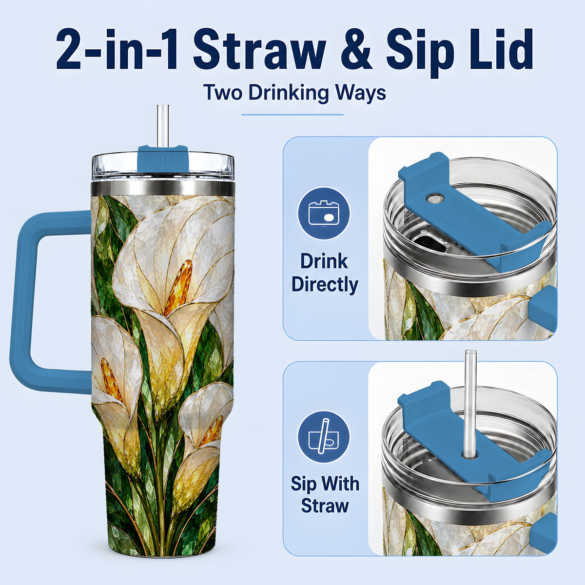 #pl[40oz|Blue] Calla Lily Floral 40oz Tumbler, Stained Glass Style Botanical Artwork