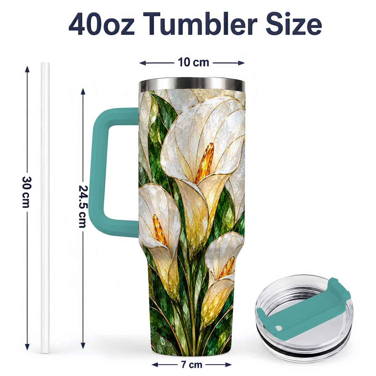 #pl[40oz|Green] Calla Lily Floral 40oz Tumbler, Stained Glass Style Botanical Artwork