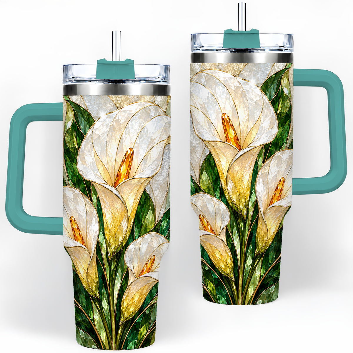 #pl[40oz|Green] Calla Lily Floral 40oz Tumbler, Stained Glass Style Botanical Artwork