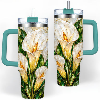 #pl[40oz|Green] Calla Lily Floral 40oz Tumbler, Stained Glass Style Botanical Artwork