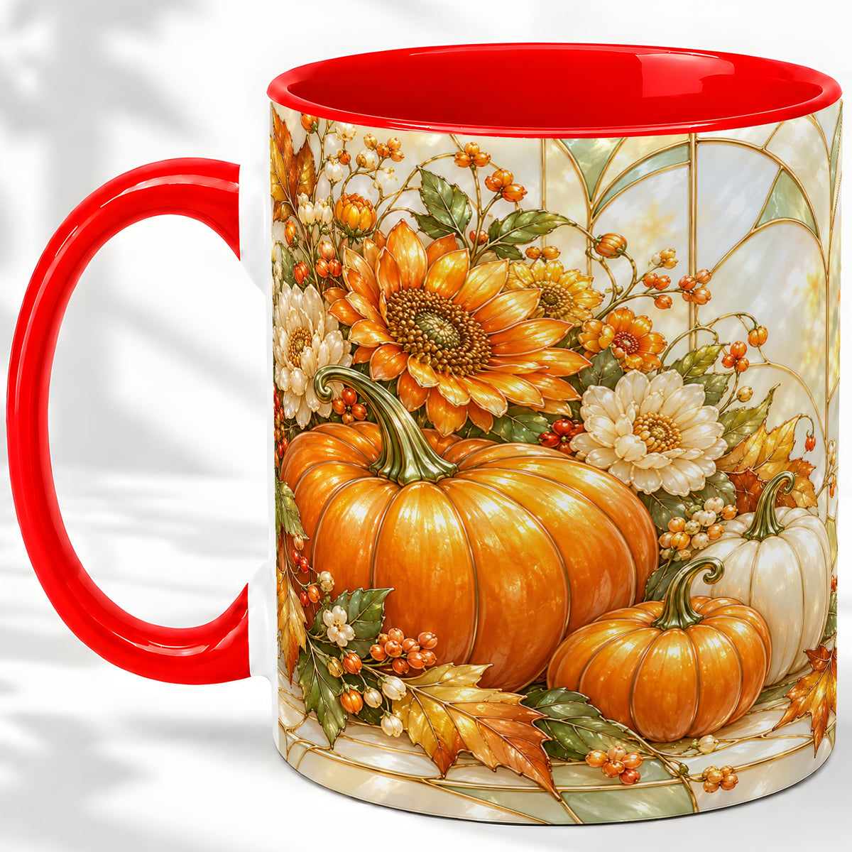 Autumn Pumpkin Ceramic Mug, Sunflower and Fall Leaf Artwork