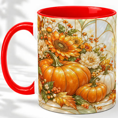 Autumn Pumpkin Ceramic Mug, Sunflower and Fall Leaf Artwork