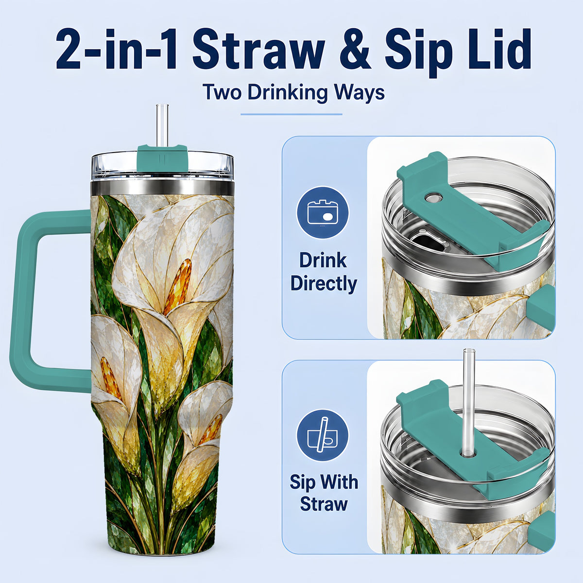#pl[40oz|Green] Calla Lily Floral 40oz Tumbler, Stained Glass Style Botanical Artwork
