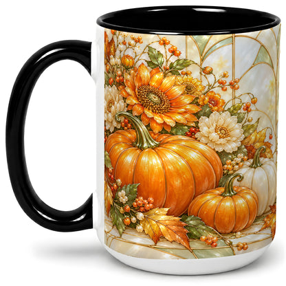 #pl[15oz|Black] Autumn Pumpkin Ceramic Mug, Sunflower and Fall Leaf Artwork