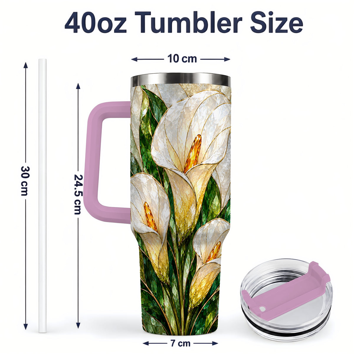 #pl[40oz|Pink] Calla Lily Floral 40oz Tumbler, Stained Glass Style Botanical Artwork