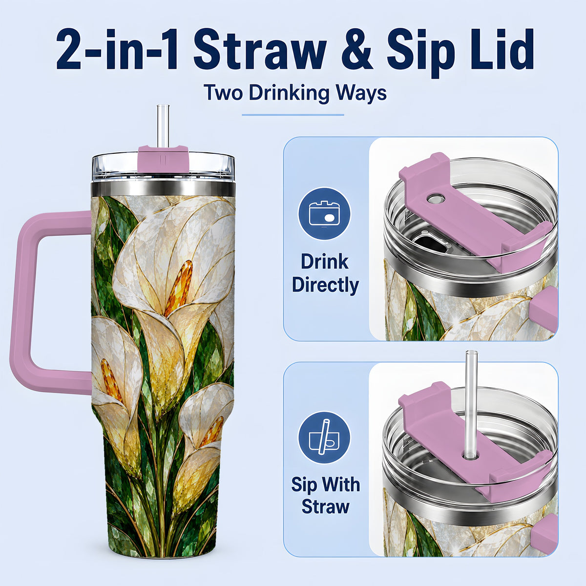 #pl[40oz|Pink] Calla Lily Floral 40oz Tumbler, Stained Glass Style Botanical Artwork