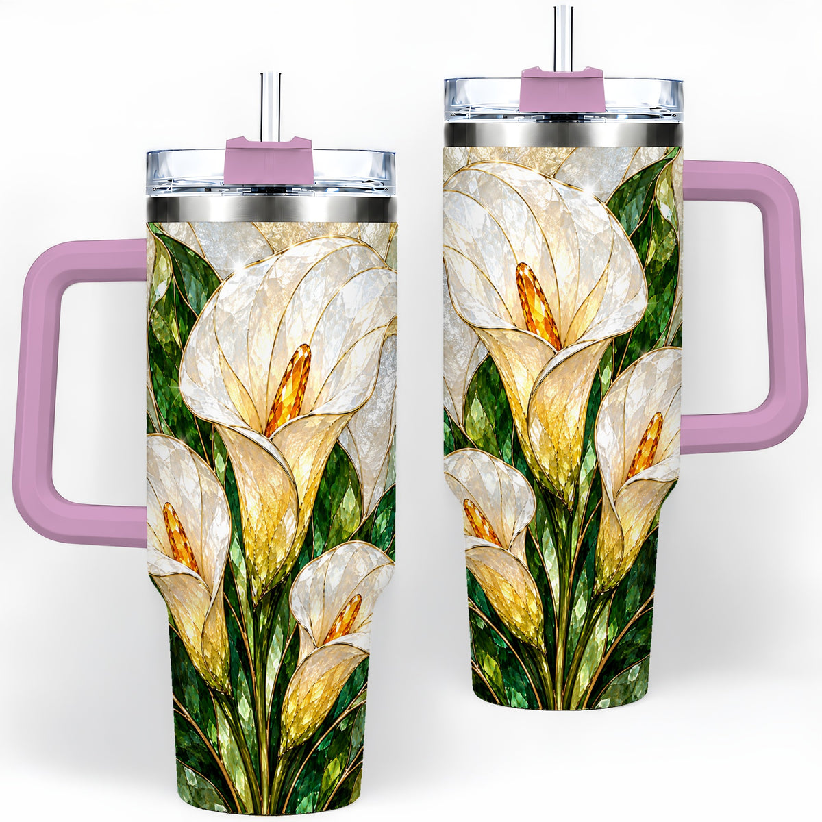 #pl[40oz|Pink] Calla Lily Floral 40oz Tumbler, Stained Glass Style Botanical Artwork