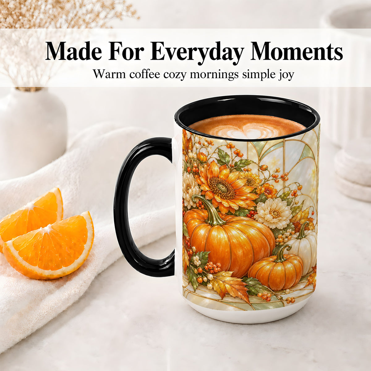 #pl[15oz|Black] Autumn Pumpkin Ceramic Mug, Sunflower and Fall Leaf Artwork