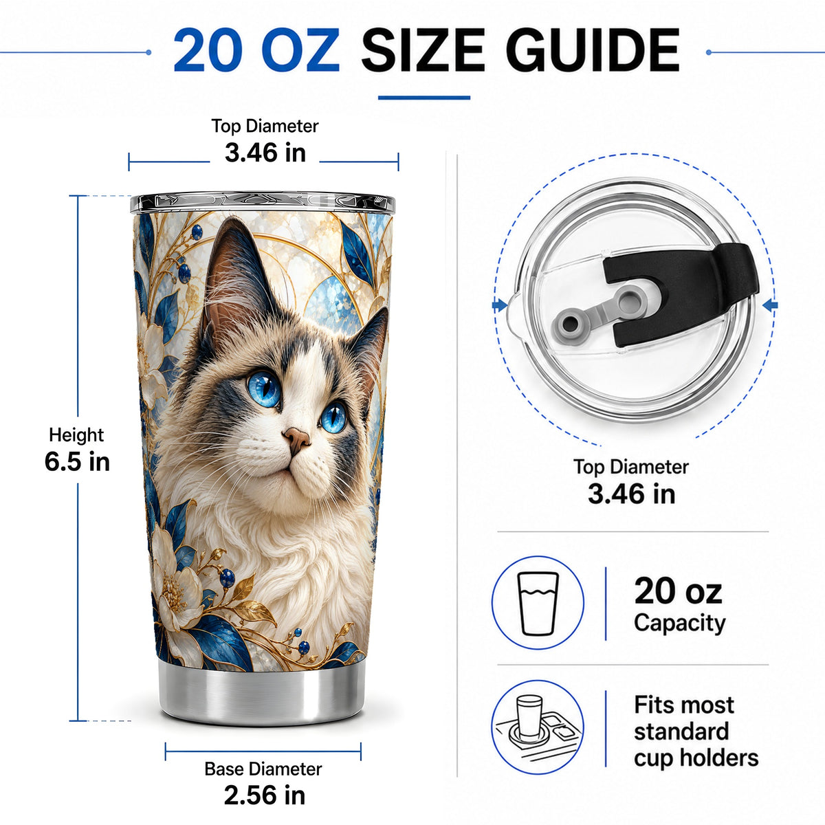 #pl[20oz|Steel] Blue-Eyed Cat 20oz Tumbler, Floral Feline Drinkware for Cat Lovers