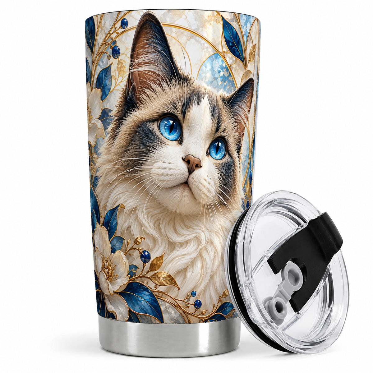 Blue-Eyed Cat 20oz Tumbler, Floral Feline Drinkware for Cat Lovers