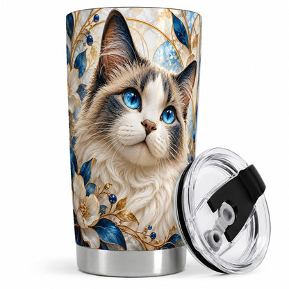 Blue-Eyed Cat 20oz Tumbler, Floral Feline Drinkware for Cat Lovers