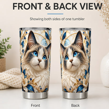 #pl[20oz|Steel] Blue-Eyed Cat 20oz Tumbler, Floral Feline Drinkware for Cat Lovers
