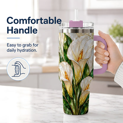 #pl[40oz|Pink] Calla Lily Floral 40oz Tumbler, Stained Glass Style Botanical Artwork