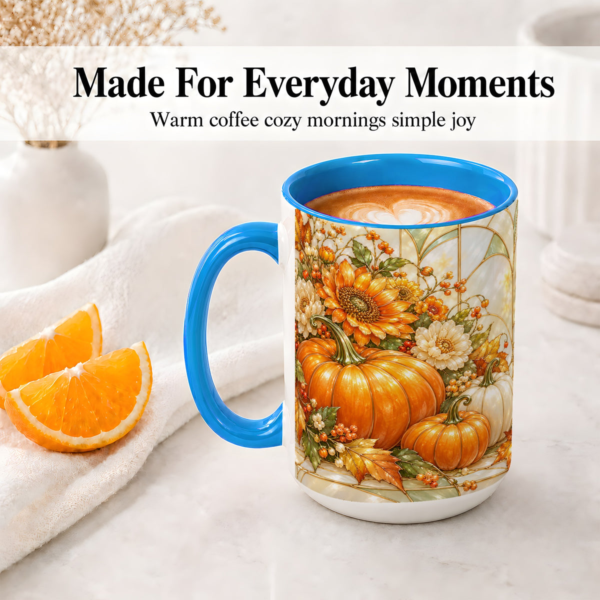 #pl[15oz|Blue] Autumn Pumpkin Ceramic Mug, Sunflower and Fall Leaf Artwork