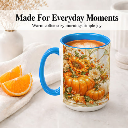#pl[15oz|Blue] Autumn Pumpkin Ceramic Mug, Sunflower and Fall Leaf Artwork