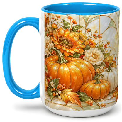 #pl[15oz|Blue] Autumn Pumpkin Ceramic Mug, Sunflower and Fall Leaf Artwork