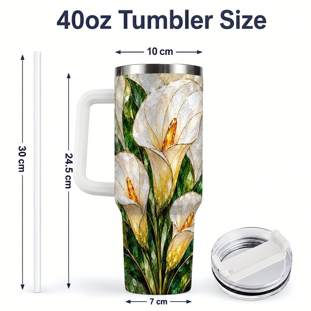 #pl[40oz|White] Calla Lily Floral 40oz Tumbler, Stained Glass Style Botanical Artwork