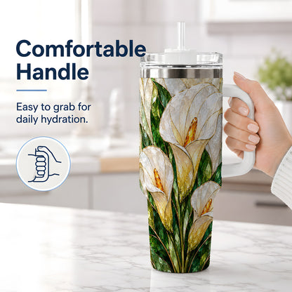 #pl[40oz|White] Calla Lily Floral 40oz Tumbler, Stained Glass Style Botanical Artwork