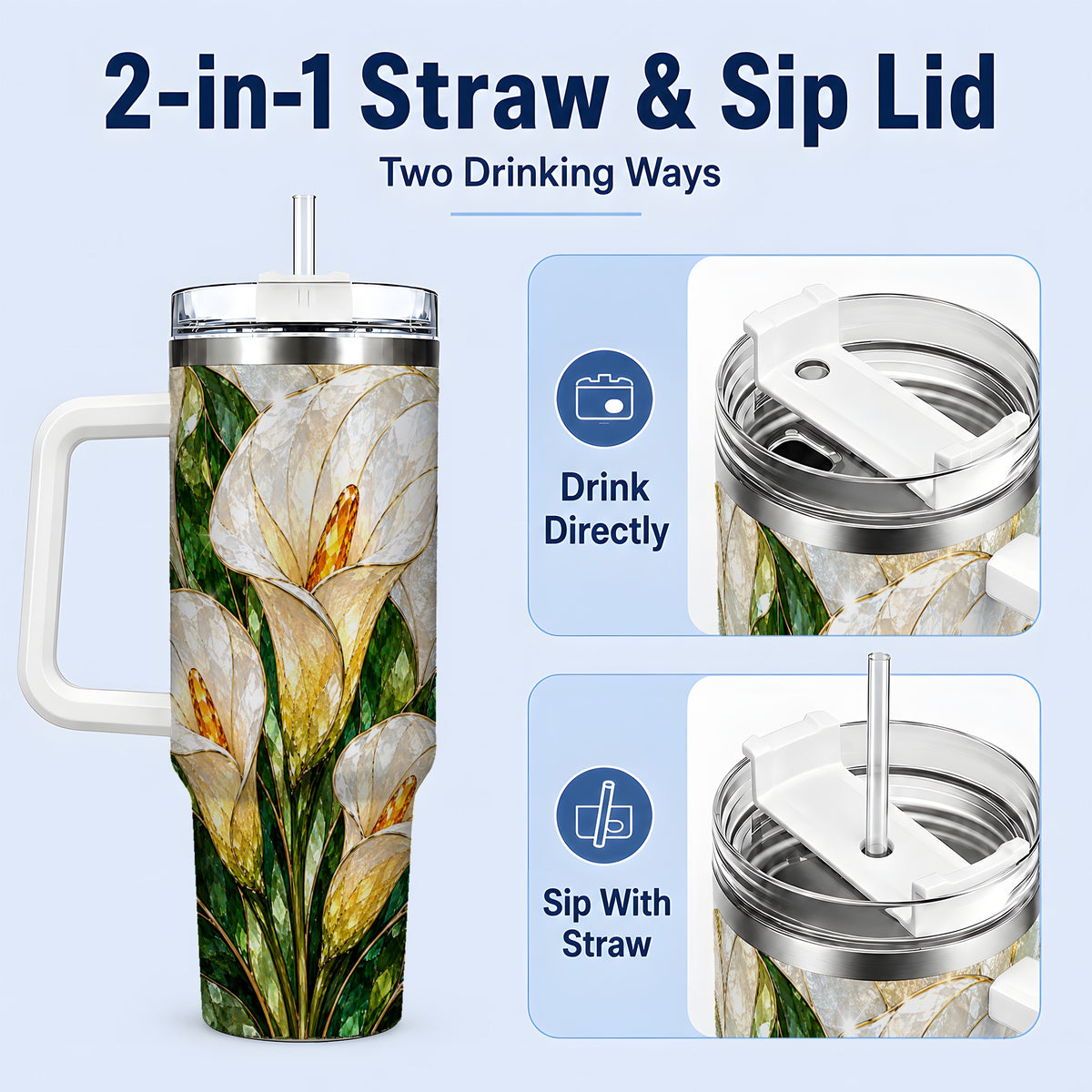 #pl[40oz|White] Calla Lily Floral 40oz Tumbler, Stained Glass Style Botanical Artwork