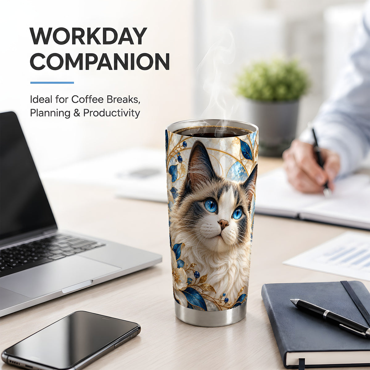 Blue-Eyed Cat 20oz Tumbler, Floral Feline Drinkware for Cat Lovers