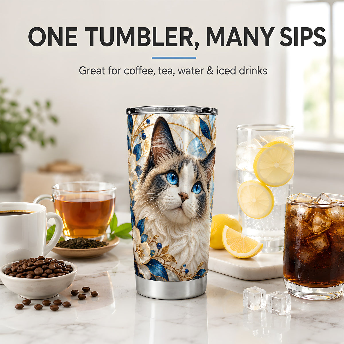 Blue-Eyed Cat 20oz Tumbler, Floral Feline Drinkware for Cat Lovers