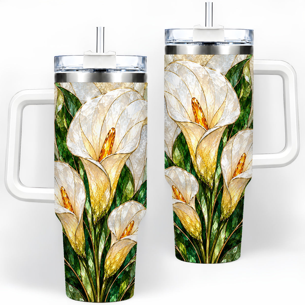Calla Lily Floral 40oz Tumbler, Stained Glass Style Botanical Artwork