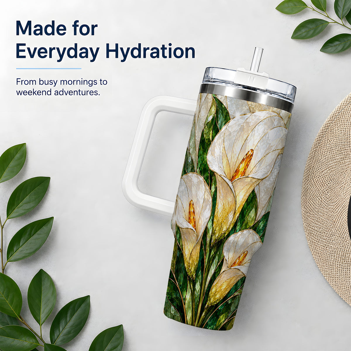 Calla Lily Floral 40oz Tumbler, Stained Glass Style Botanical Artwork
