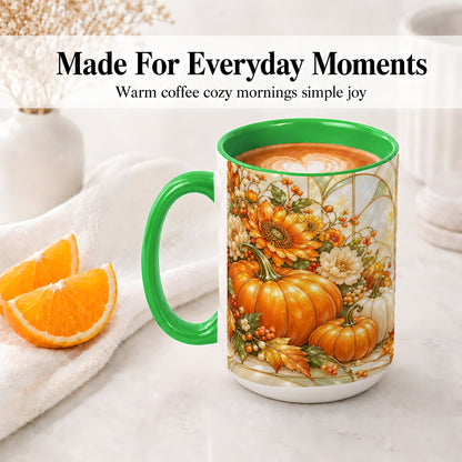 #pl[15oz|Green] Autumn Pumpkin Ceramic Mug, Sunflower and Fall Leaf Artwork