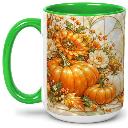 #pl[15oz|Green] Autumn Pumpkin Ceramic Mug, Sunflower and Fall Leaf Artwork