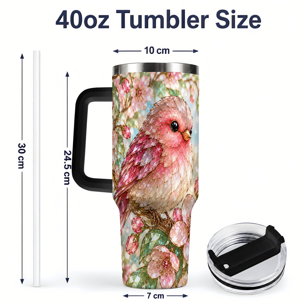 #pl[40oz|Black] Pink Bird Blossom 40oz Tumbler, Faceted Floral Artwork for Daily Use