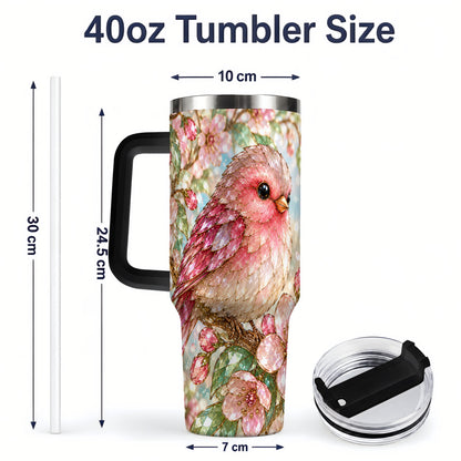 #pl[40oz|Black] Pink Bird Blossom 40oz Tumbler, Faceted Floral Artwork for Daily Use