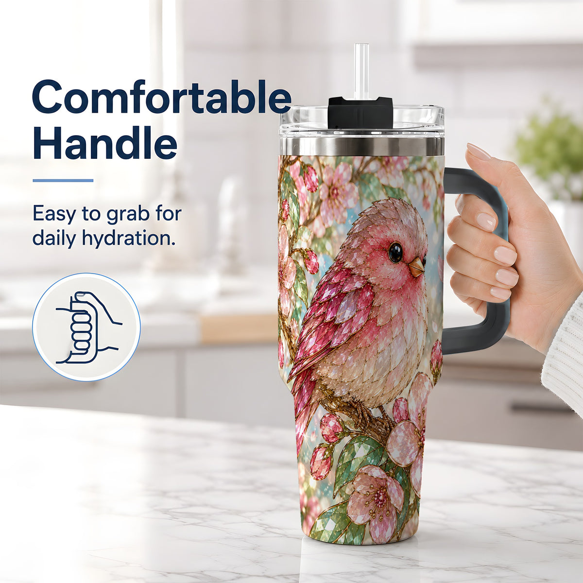 #pl[40oz|Black] Pink Bird Blossom 40oz Tumbler, Faceted Floral Artwork for Daily Use