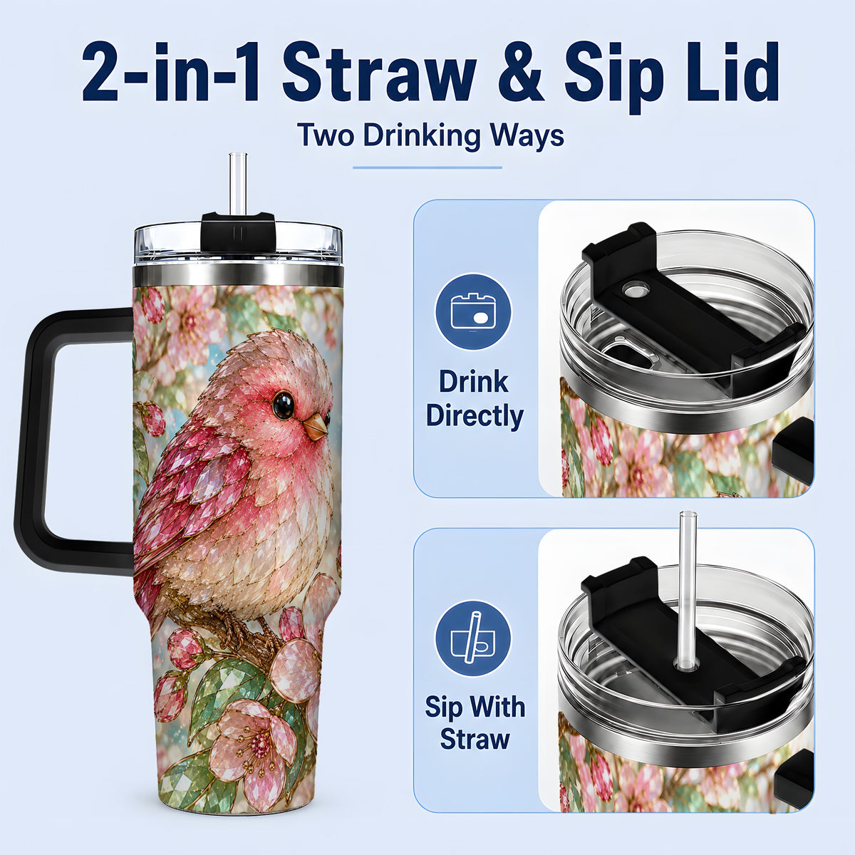 #pl[40oz|Black] Pink Bird Blossom 40oz Tumbler, Faceted Floral Artwork for Daily Use