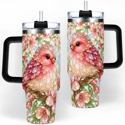 #pl[40oz|Black] Pink Bird Blossom 40oz Tumbler, Faceted Floral Artwork for Daily Use