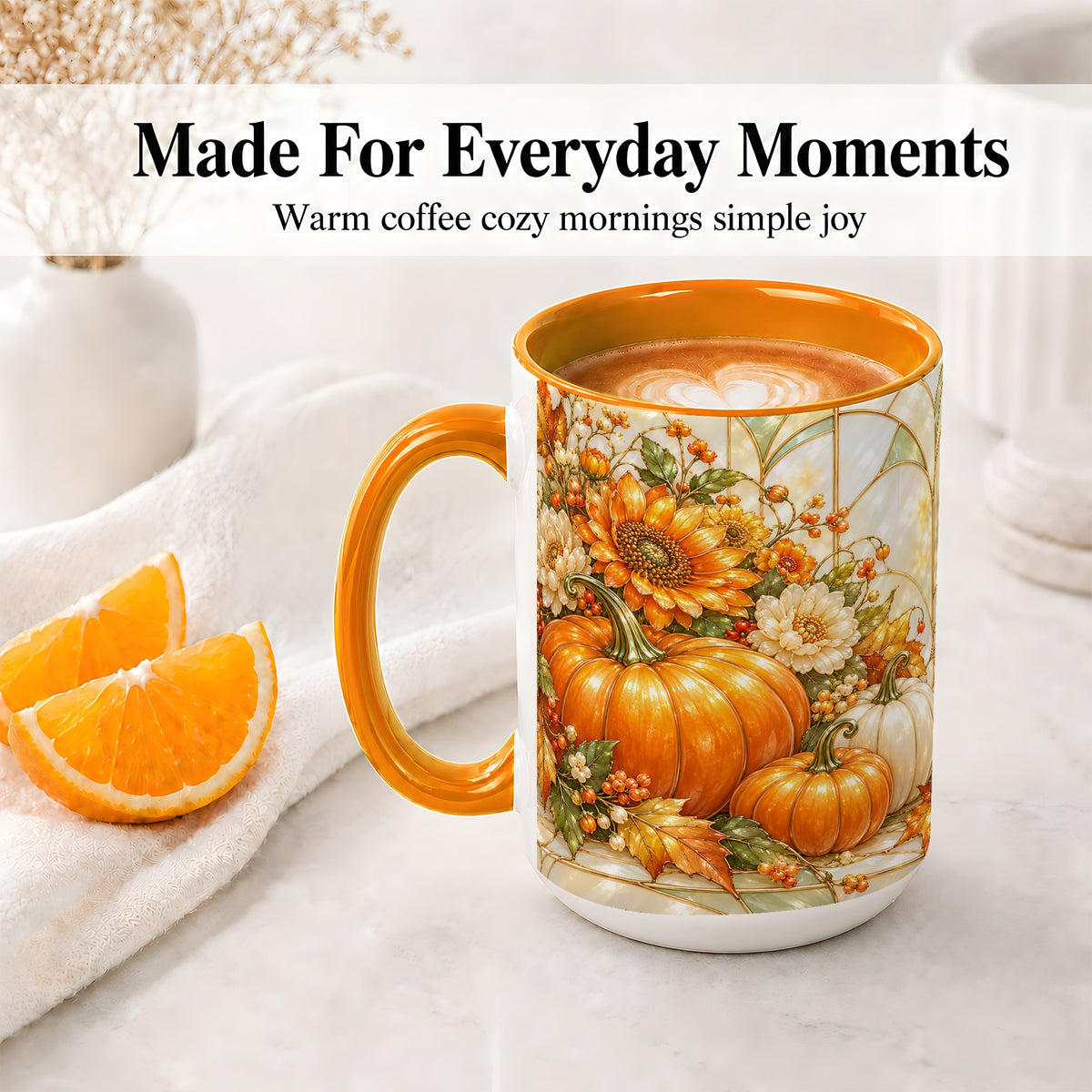#pl[15oz|Orange] Autumn Pumpkin Ceramic Mug, Sunflower and Fall Leaf Artwork