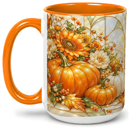 #pl[15oz|Orange] Autumn Pumpkin Ceramic Mug, Sunflower and Fall Leaf Artwork