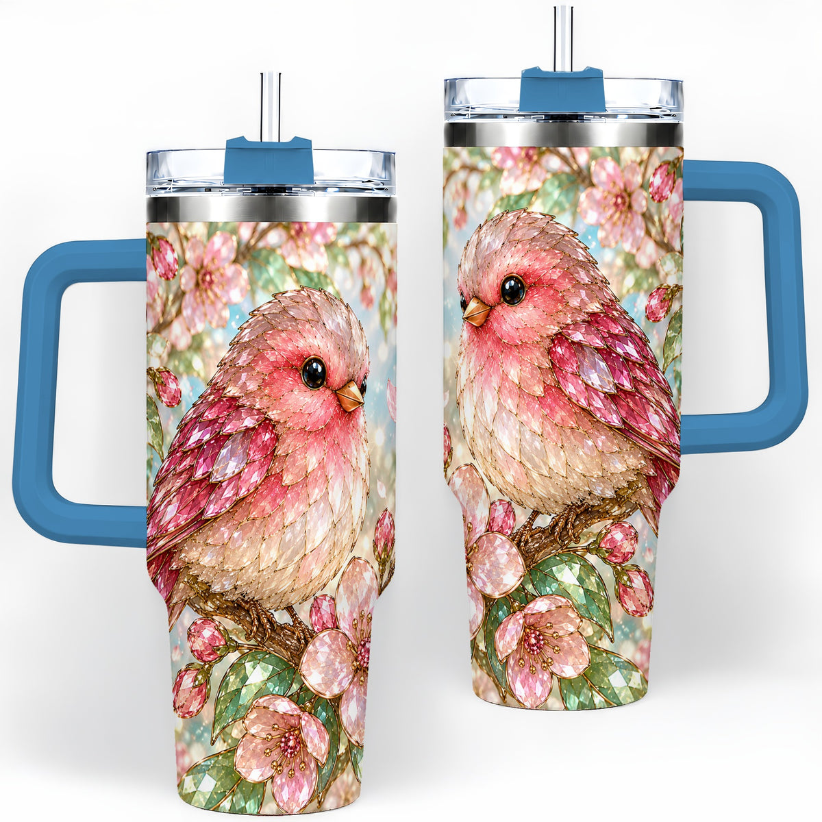 #pl[40oz|Blue] Pink Bird Blossom 40oz Tumbler, Faceted Floral Artwork for Daily Use