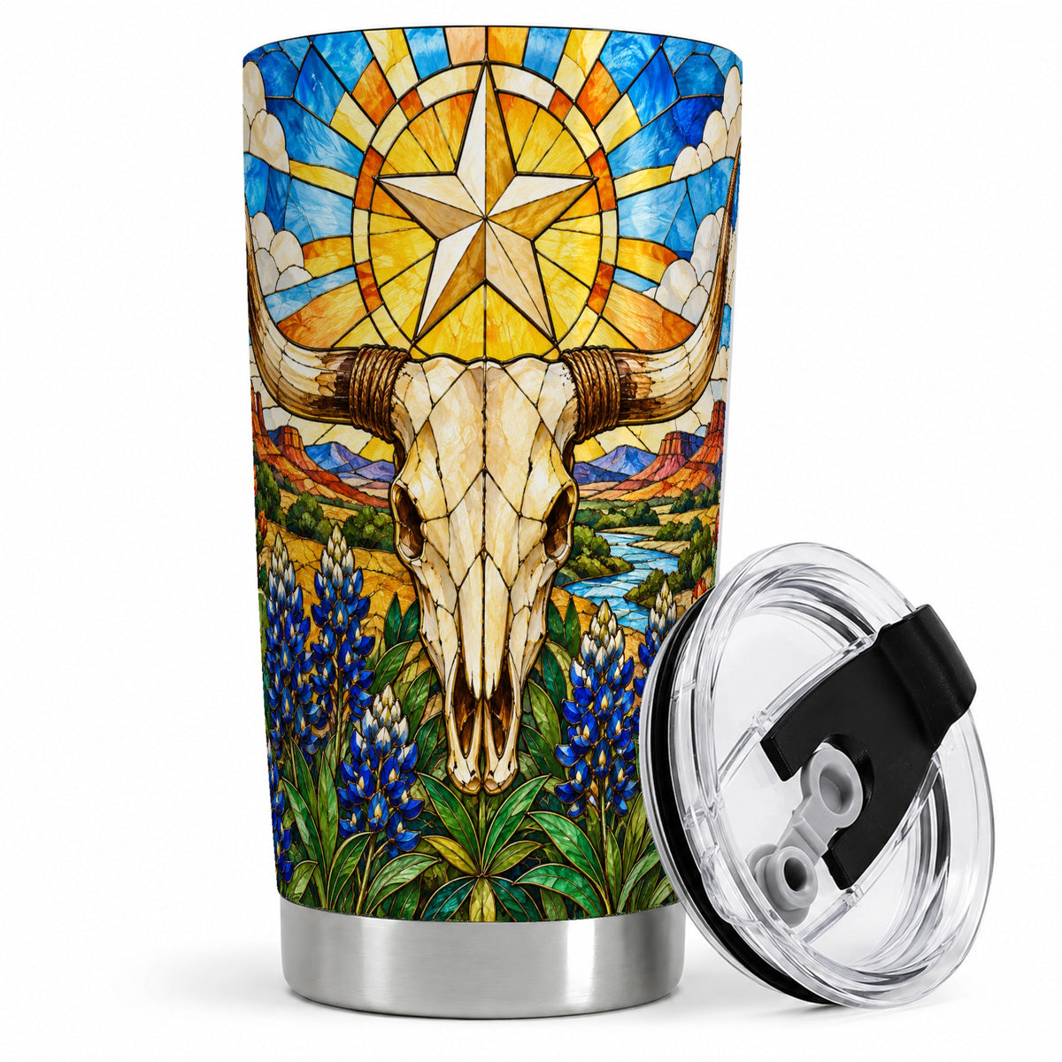 Western Cattle Skull 20oz Tumbler, Blue Floral Design for Western Fans