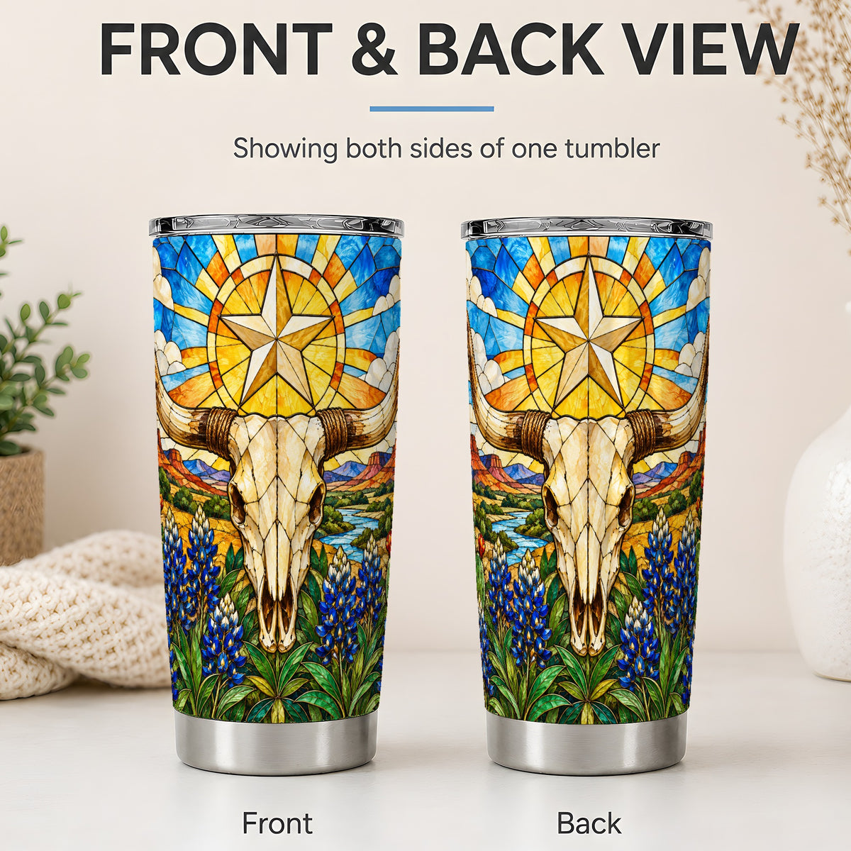 #pl[20oz|Steel] Western Cattle Skull 20oz Tumbler, Blue Floral Design for Western Fans