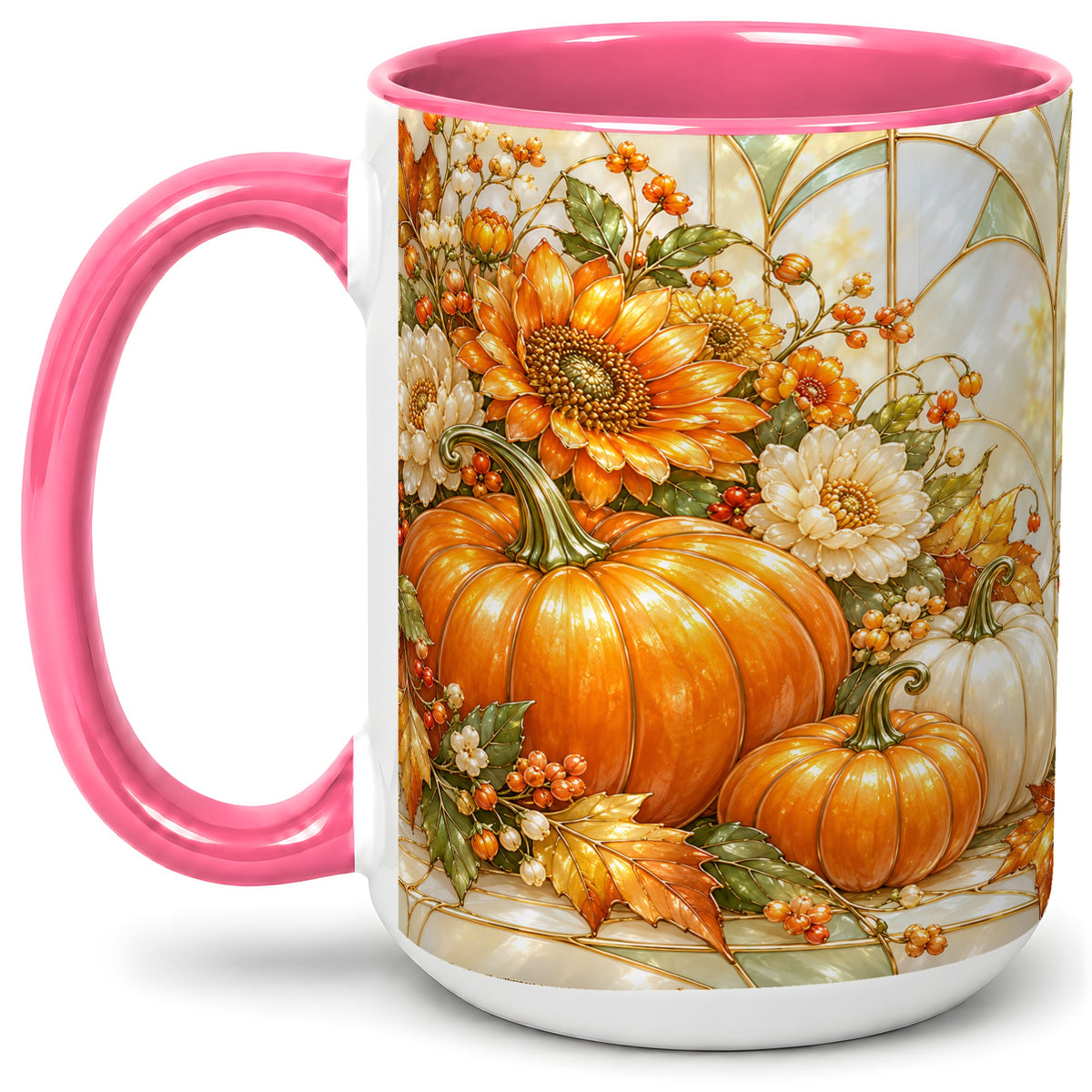 #pl[15oz|Pink] Autumn Pumpkin Ceramic Mug, Sunflower and Fall Leaf Artwork