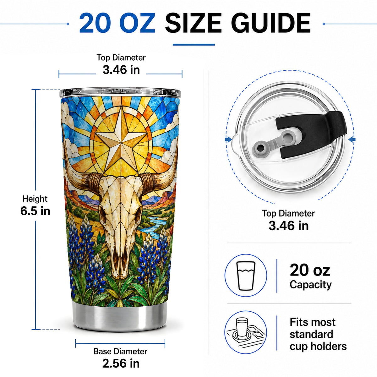 #pl[20oz|Steel] Western Cattle Skull 20oz Tumbler, Blue Floral Design for Western Fans