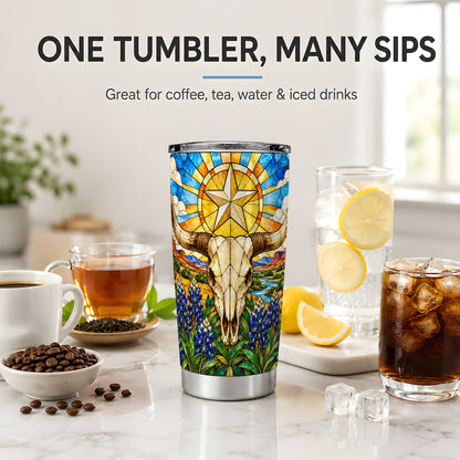 Western Cattle Skull 20oz Tumbler, Blue Floral Design for Western Fans