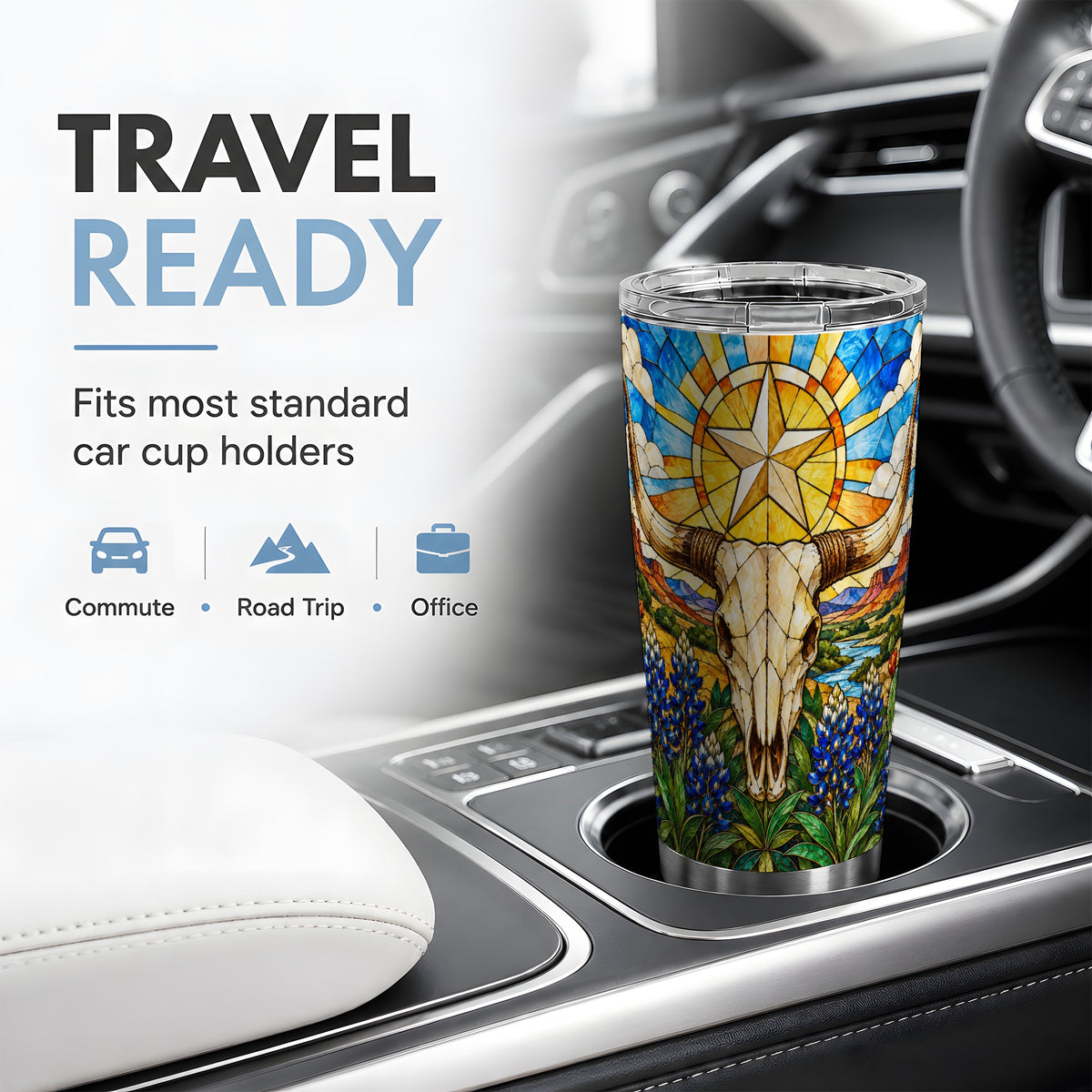 Western Cattle Skull 20oz Tumbler, Blue Floral Design for Western Fans