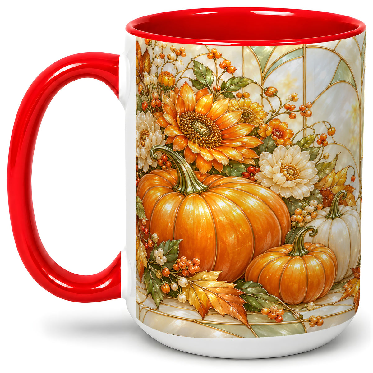 #pl[15oz|Red] Autumn Pumpkin Ceramic Mug, Sunflower and Fall Leaf Artwork